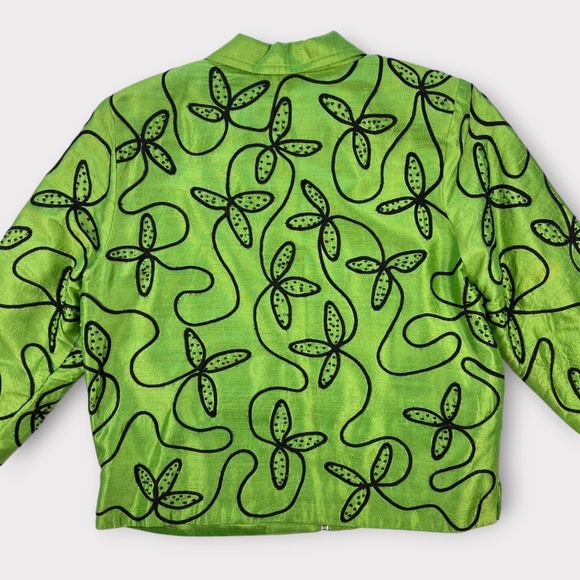 VINTAGE 90s Anage 100% Silk Women Jacket Blazer Embroider Green Christmas SMALL - Picture 8 of 16